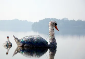 Kunst met een boodschap: 'Petty de Zwaan' van Maria Koijck, gemaakt van petflessen, in het Hoornsemeer in Groningen.